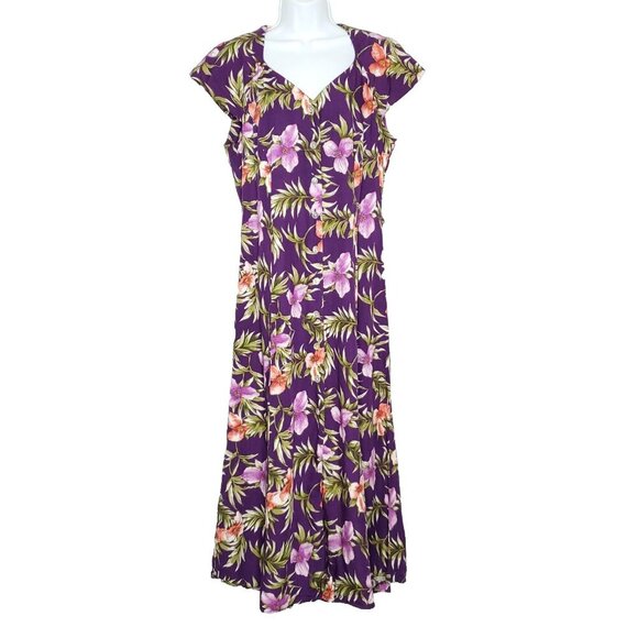 Fashion Bug Dresses & Skirts - Floral Hawaiian Dress Sz 16 Purple Maxi Long Flowy Strappy Back Button Up